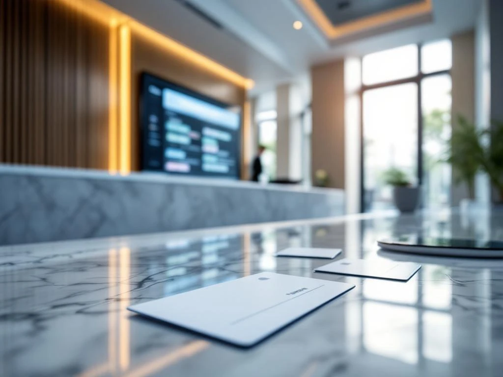Modern hotel lobby reception desk with marble surfaces, room key cards, and digital event calendar display in minimalist space.