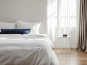 Clean hotel room with white bedding, navy accent pillow, hardwood floors, and natural light through sheer curtains