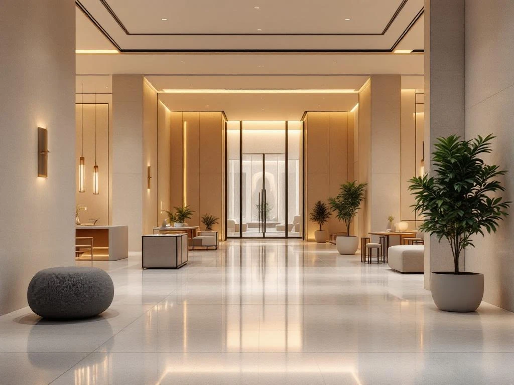Modern event venue interior connected to hotel lobby with warm lighting and clean architectural design