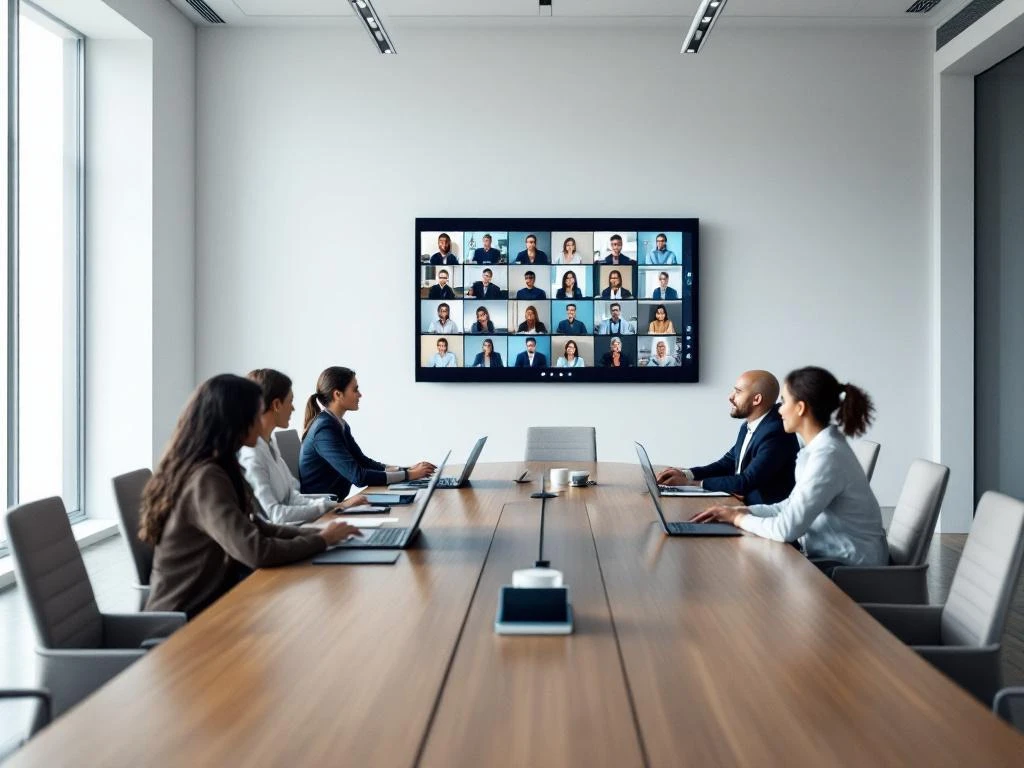 Modern conference room with curved table, professionals seated, wall-mounted display showing video call participants, laptops on table.
