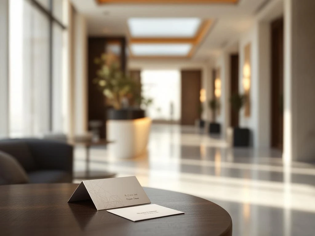 Modern hotel lobby with reception desk, marble floors, natural lighting, and elegant key cards arranged on wooden surface.