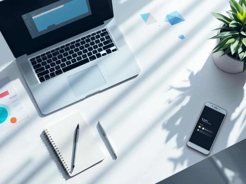 Minimalist desk setup with laptop showing calendar interface, notebook, pen, and smartphone for productivity planning