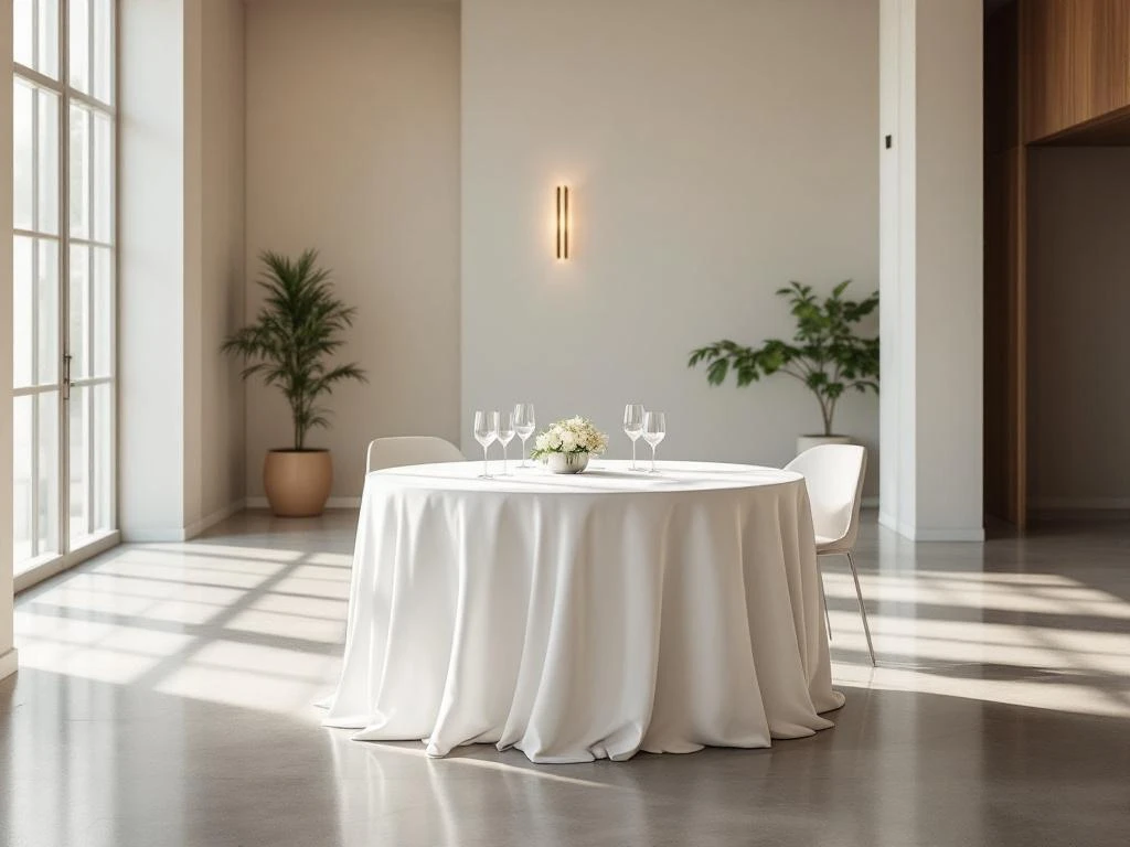 Elegant round table with white linens and modern chairs in minimalist event space with natural lighting and concrete floors.