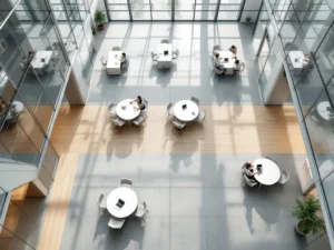 Modern conference room with glass walls and multiple breakout spaces connected by corridors, featuring white tables with laptops.