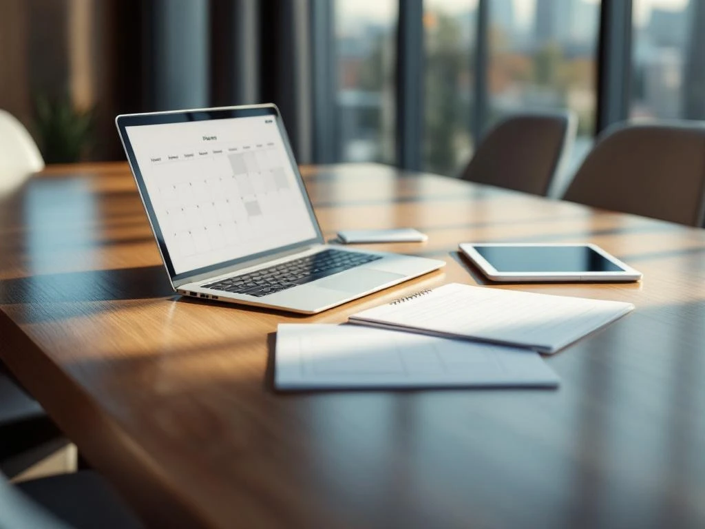 Modern conference room with laptop, notepads, and tablet on wooden table, natural lighting from windows with city view.