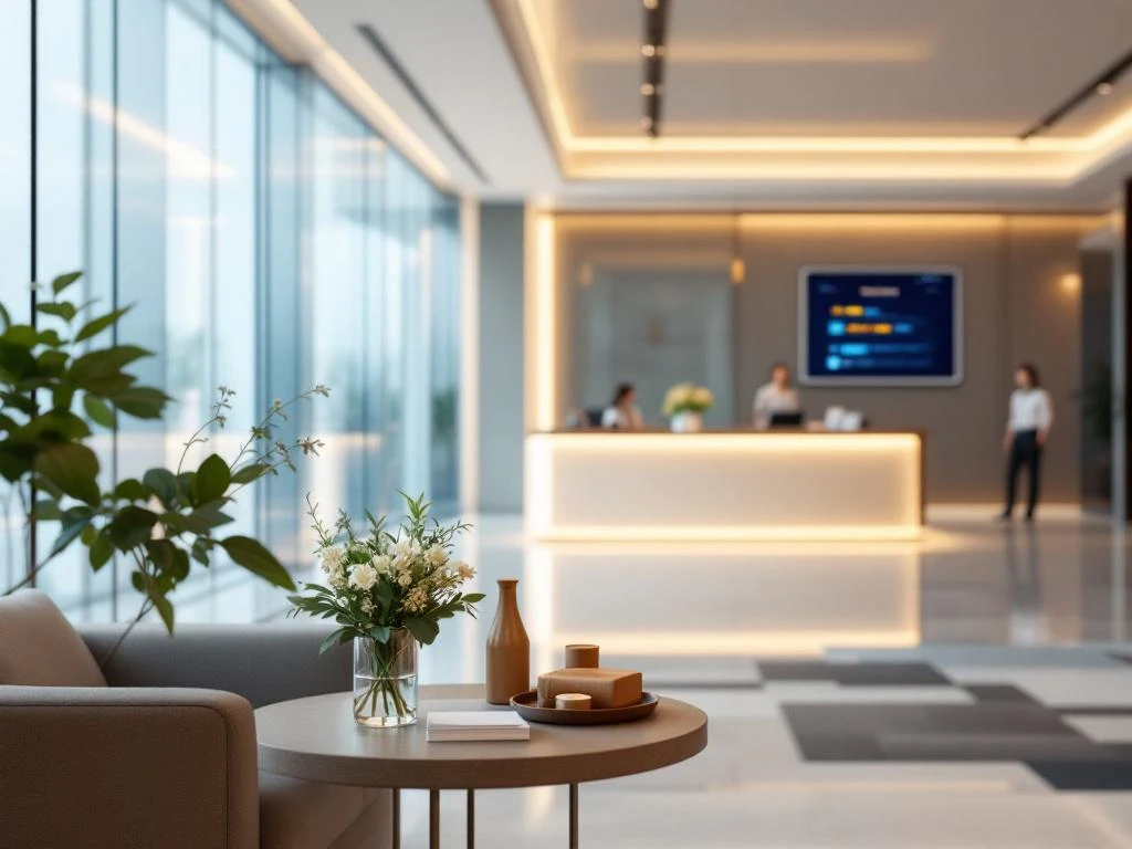 Modern conference room with glass walls, registration desk with fresh flowers, and digital event display in background
