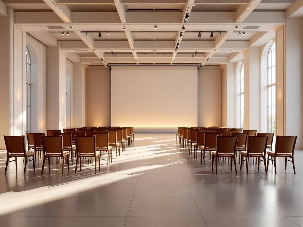 Modern event venue ballroom with floor-to-ceiling windows, wooden chairs in rows facing stage, exposed beams and neutral decor.