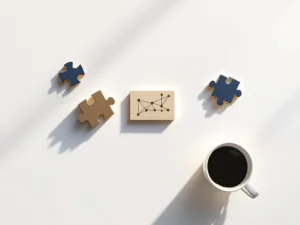 Five business networking elements arranged in an arc: handshake silhouettes, puzzle pieces, network diagram, business cards, and coffee cup on white background.