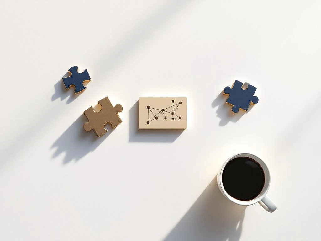 Five business networking elements arranged in an arc: handshake silhouettes, puzzle pieces, network diagram, business cards, and coffee cup on white background.