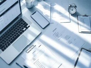 Overhead view of organized desk with laptop showing calendar, smartphone, administrative documents, clipboard with checkboxes, and clock