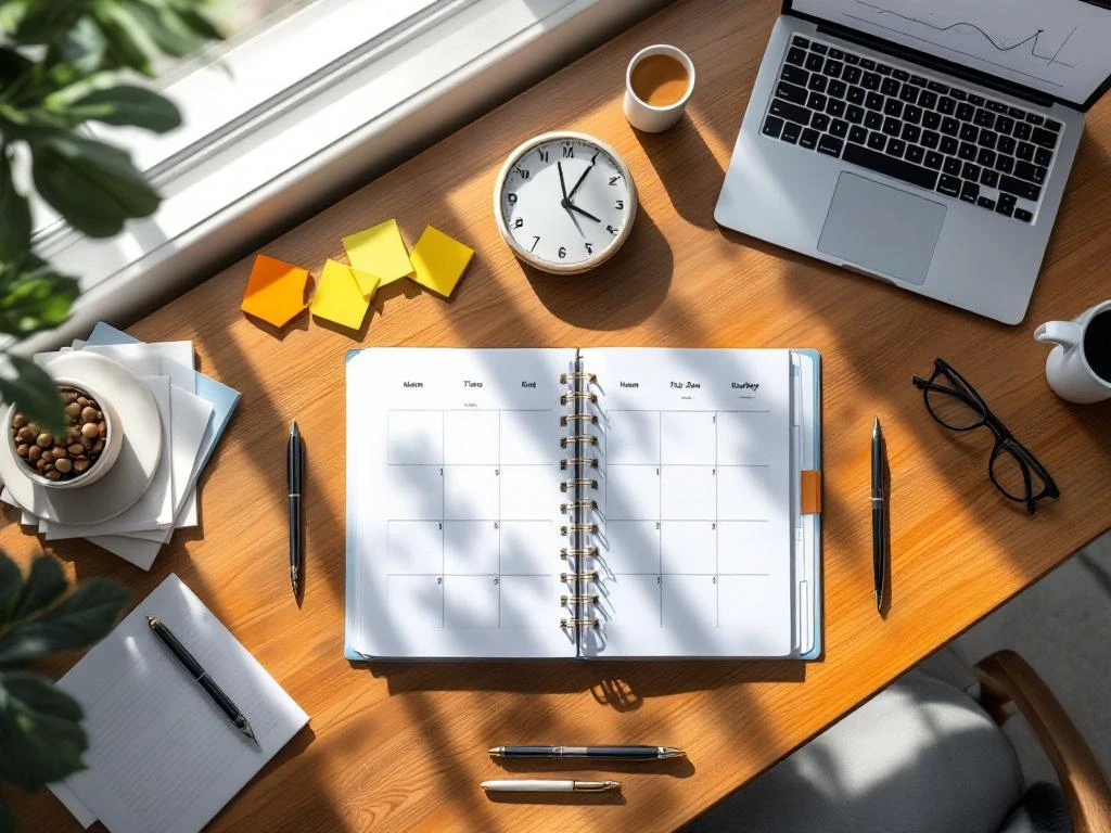Wooden desk with open planner, world clock, laptop displaying timeline, and planning documents in natural lighting.
