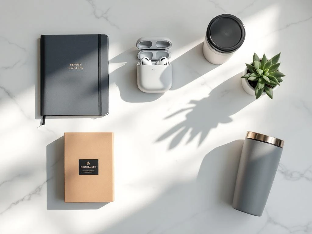 Premium gift items arranged on white marble including branded notebook, wireless earbuds, insulated tumbler, chocolates, and succulent plant.