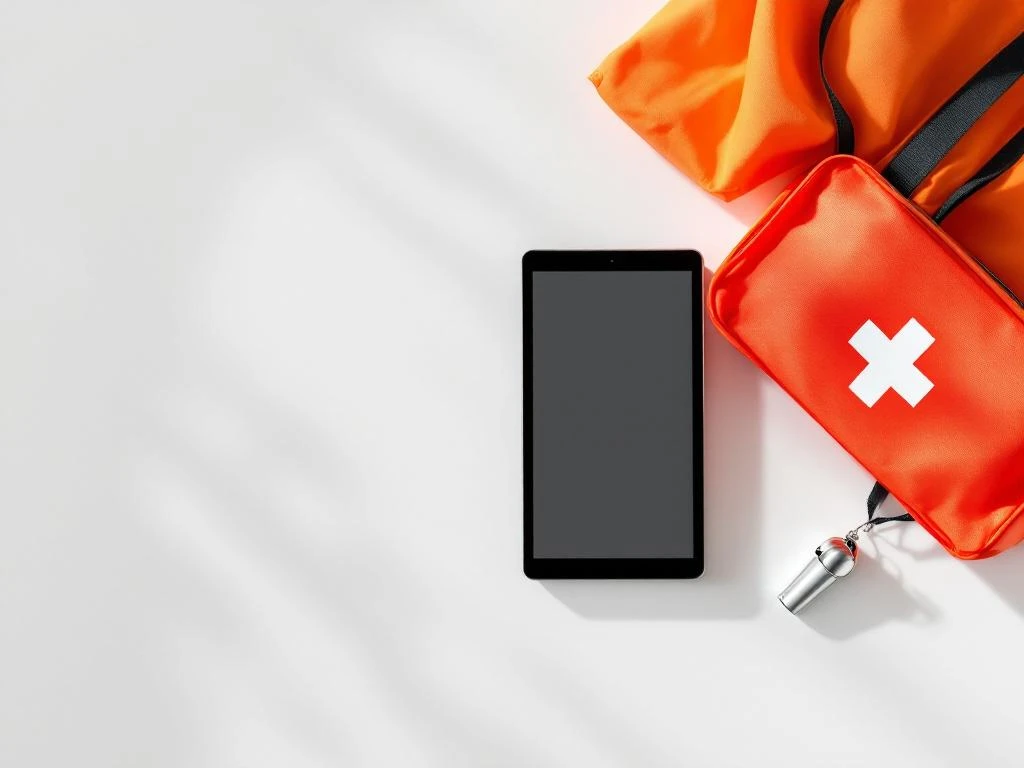 Essential safety equipment including red first aid kit, emergency whistle, orange safety vest, and tablet with safety icons