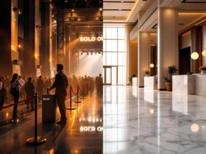 Split-screen showing crowded sold-out event entrance with barriers versus empty hotel lobby with available room keys