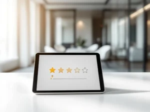 Tablet displaying 3-star rating interface on white desk in modern office with conference room background