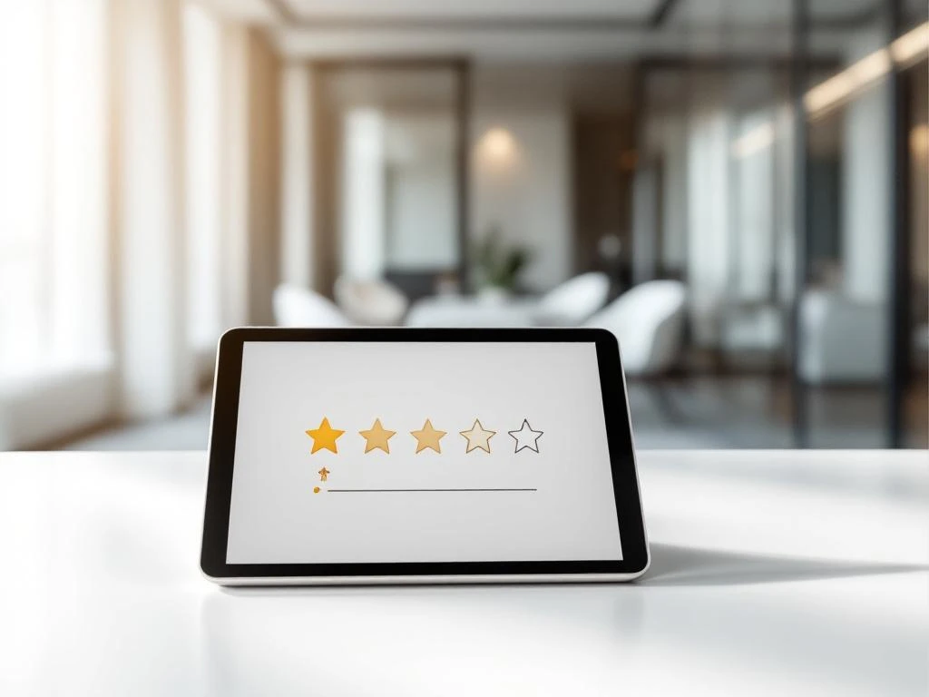 Tablet displaying 3-star rating interface on white desk in modern office with conference room background
