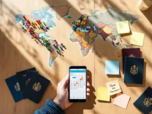 World map with colorful destination pins surrounded by passports, smartphone with calendar app, and handwritten travel notes on wooden table.