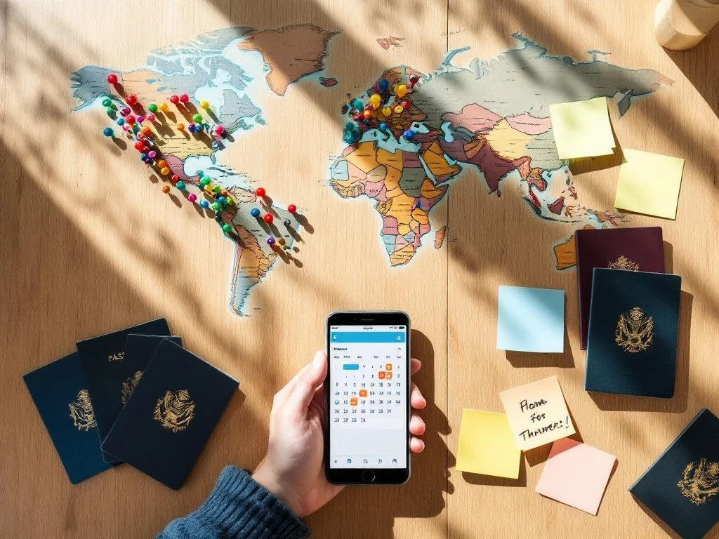 World map with colorful destination pins surrounded by passports, smartphone with calendar app, and handwritten travel notes on wooden table.