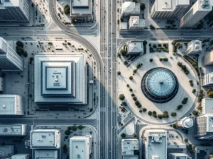 Aerial view comparing accessible downtown conference center with transit connections versus isolated remote venue in sparse surroundings.