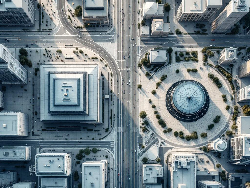 Aerial view comparing accessible downtown conference center with transit connections versus isolated remote venue in sparse surroundings.