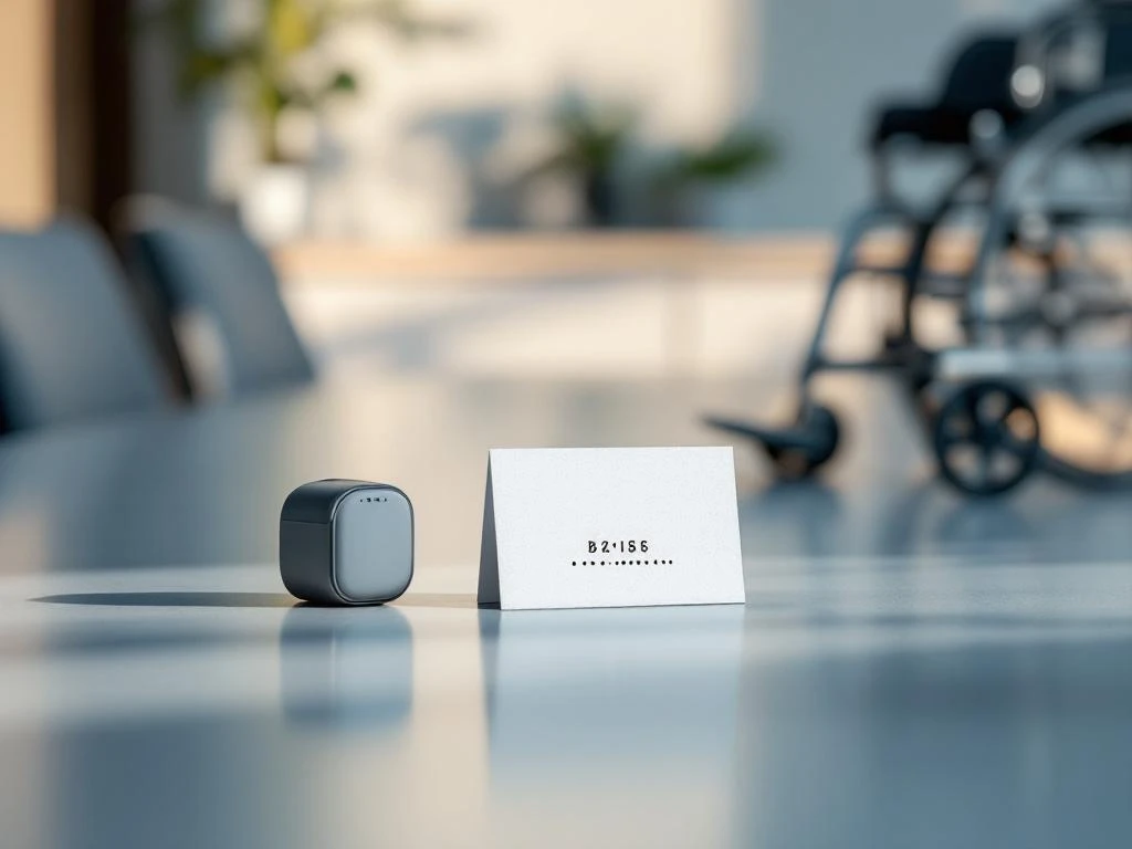 Modern conference room table with hearing device, braille signage, and wheelchair showcasing workplace accessibility and inclusion.