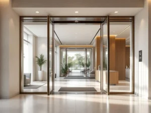 Modern hotel lobby entrance with automatic glass doors, accessible reception counter, clear signage, and wheelchair pathways.