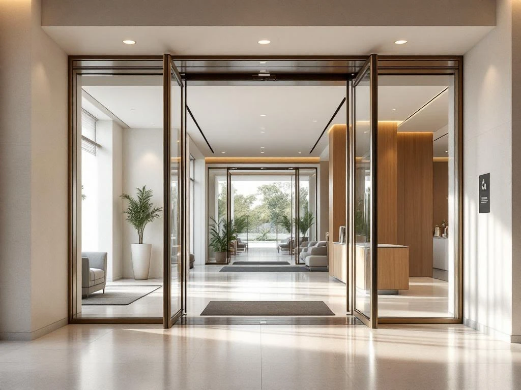Modern hotel lobby entrance with automatic glass doors, accessible reception counter, clear signage, and wheelchair pathways.