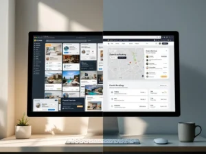 Split-screen comparison of cluttered travel booking website versus clean, streamlined event hotel booking interface