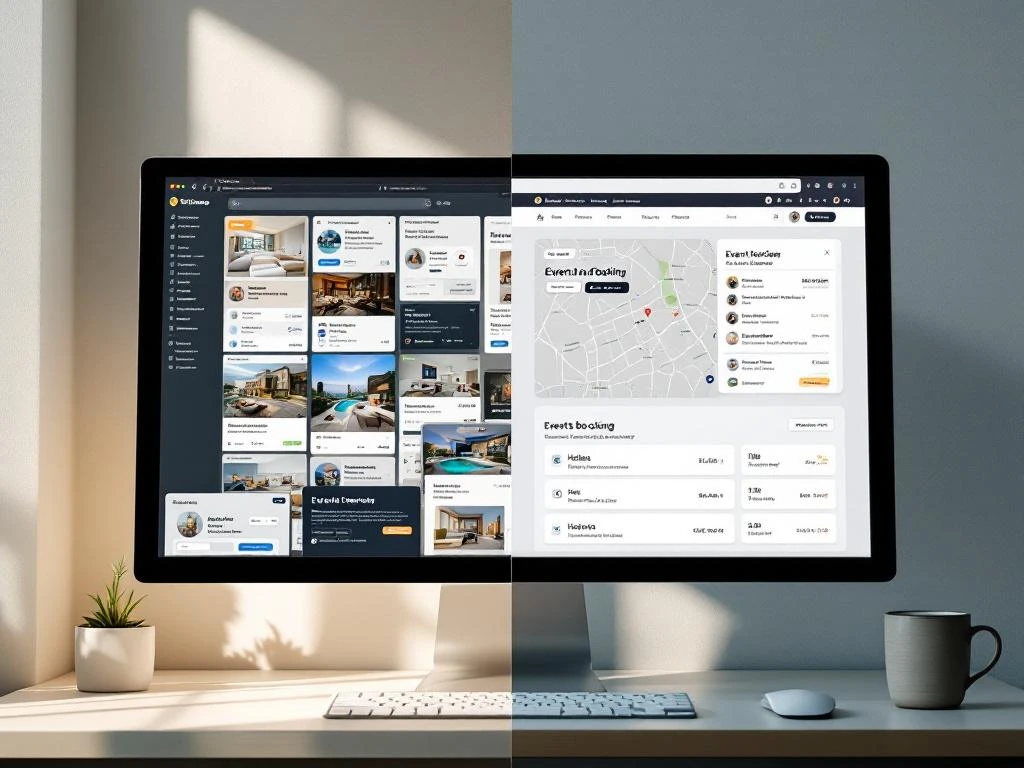Split-screen comparison of cluttered travel booking website versus clean, streamlined event hotel booking interface