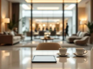 Modern boutique hotel lobby with conference table, tablet, coffee cups, and floor-to-ceiling windows overlooking conference center
