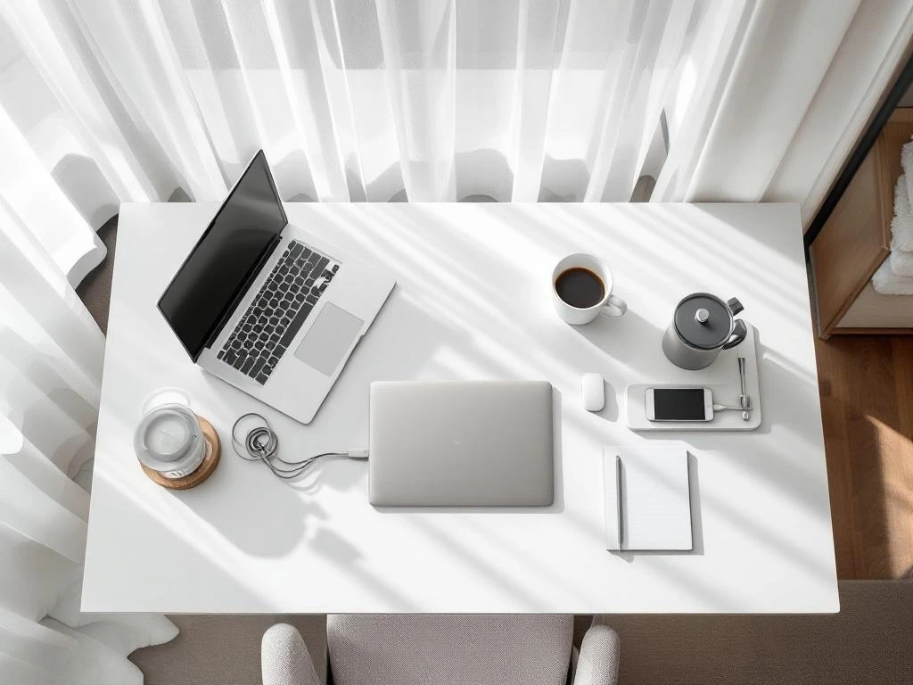Modern hotel room with business amenities on white desk: laptop, WiFi router, coffee service, notepad, charging station