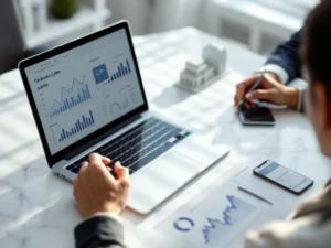 Modern laptop displaying financial charts on white marble desk with hotel keycard, conference center model, and booking app