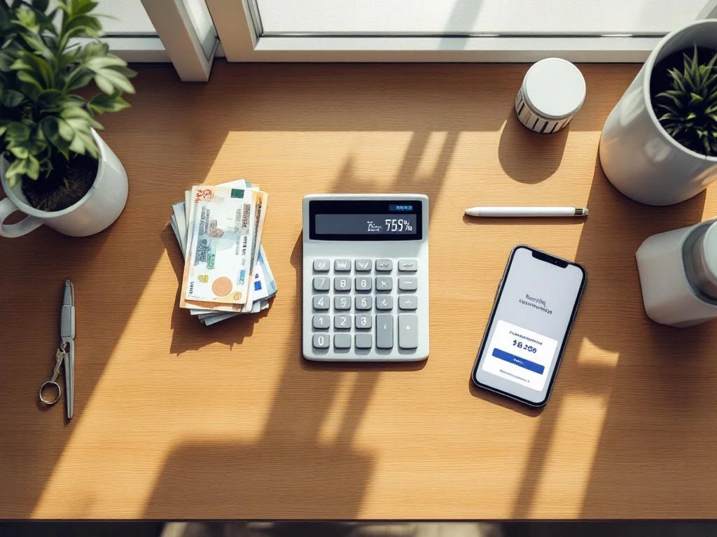 Modern wooden desk with calculator showing commission percentages, currency stacks, hotel keycard, and smartphone with booking app