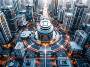 Modern conference center with glass architecture surrounded by hotels connected by walking paths in aerial view