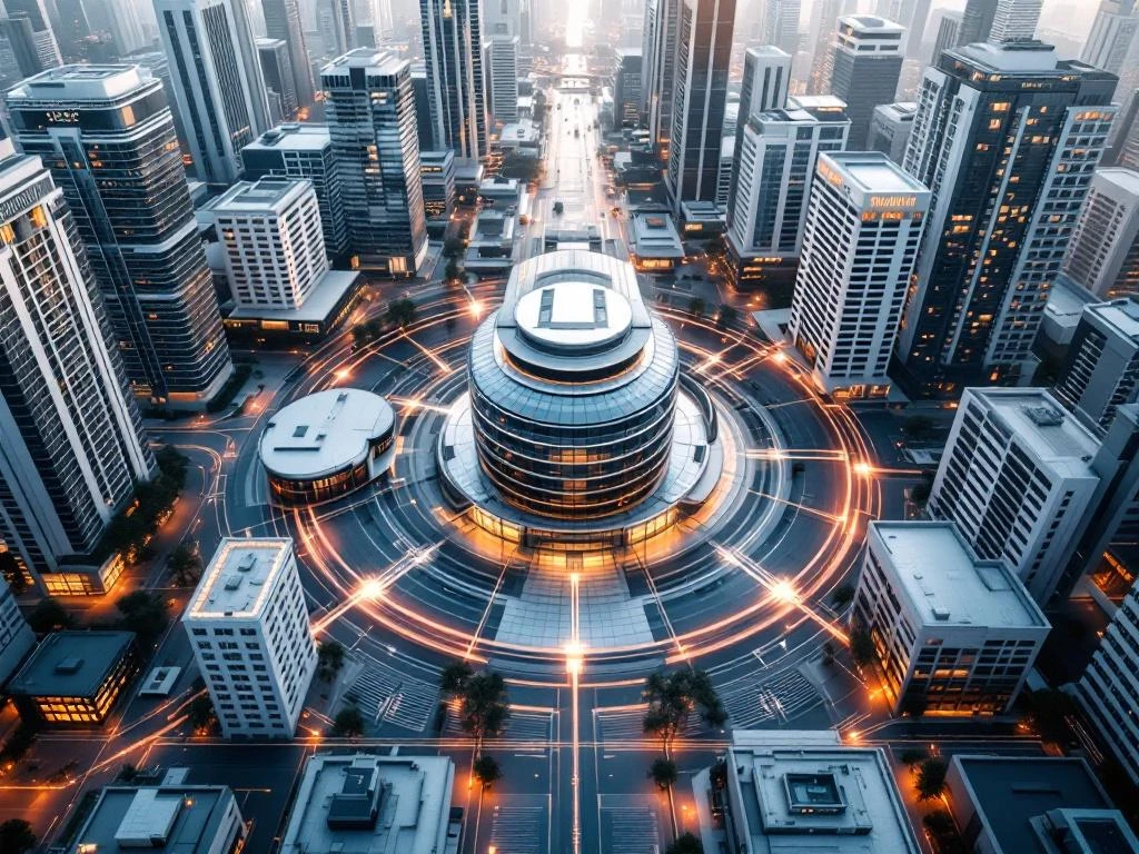 Modern conference center with glass architecture surrounded by hotels connected by walking paths in aerial view