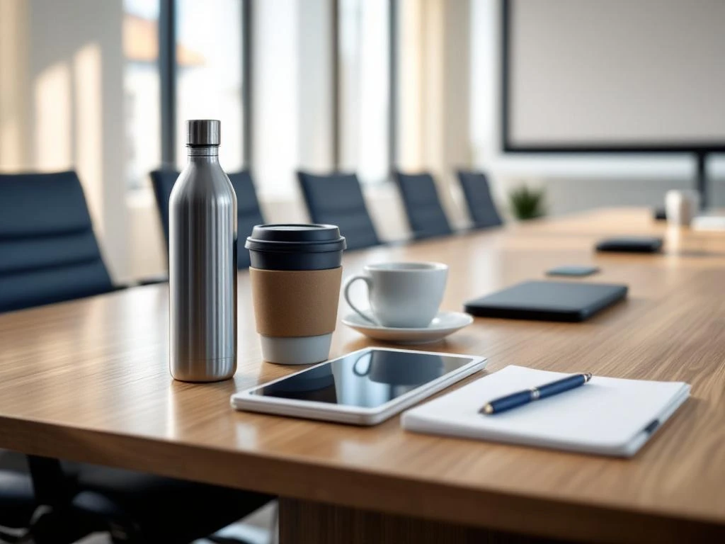 Modern conference room with wooden table displaying business amenities including water bottle, coffee cup, tablet, notepad and charging pad
