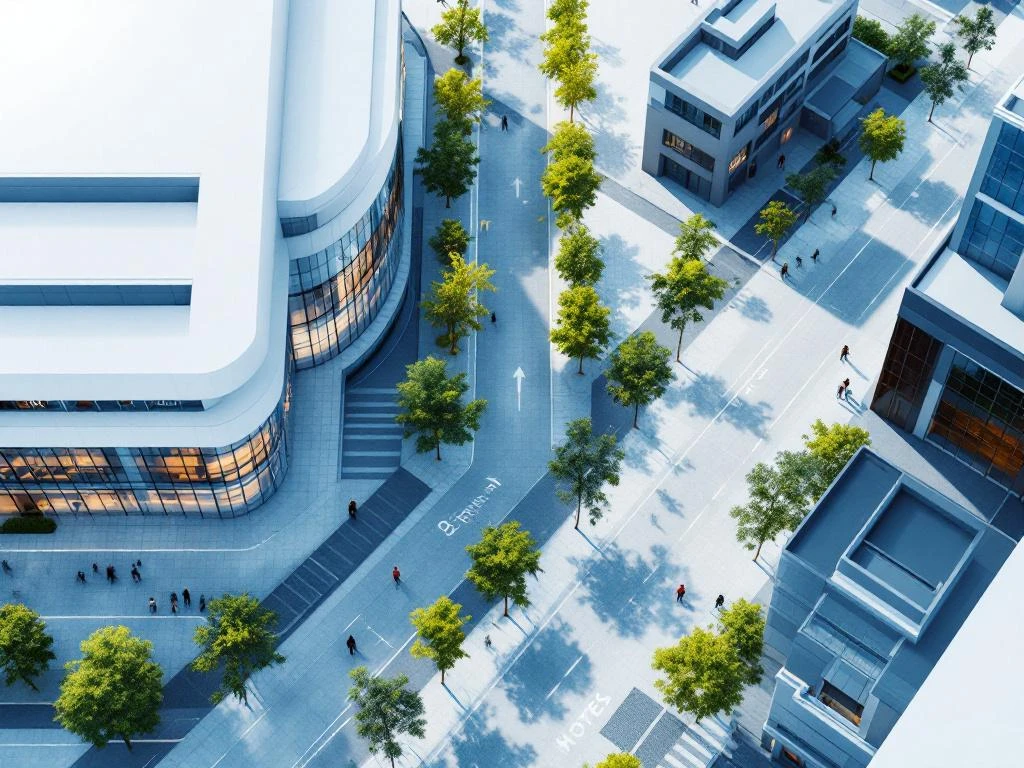 Aerial view of modern conference center with glass facade connected to nearby hotels by tree-lined walkway