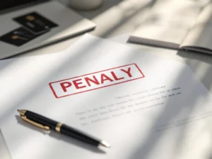 Legal contract with red penalty stamp on desk beside black pen, with hotel booking documents in background