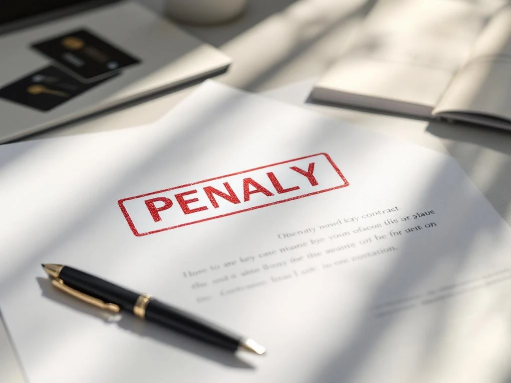 Legal contract with red penalty stamp on desk beside black pen, with hotel booking documents in background