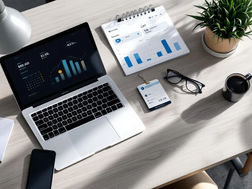 Laptop displaying analytics dashboard with booking data charts on minimalist desk with smartphone, hotel keycard, and notepad