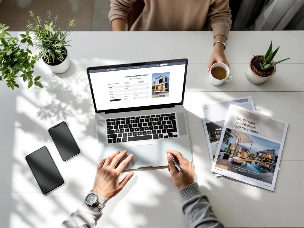 Laptop displaying hotel booking interface on minimalist white desk with travel brochures, smartphone, plant, and coffee cup
