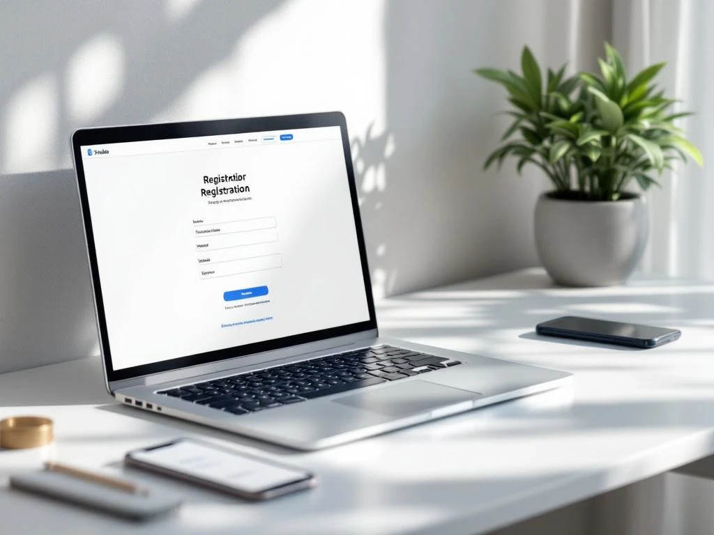 Laptop displaying event registration form with integrated hotel booking options on white desk with smartphone showing confirmation