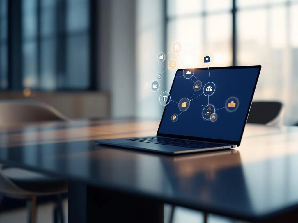 Modern conference room with laptop displaying holographic venue and hotel icons above screen in natural lighting.