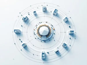 Aerial view of modern event venue surrounded by concentric circles of hotels at varying distances with geometric connecting lines.