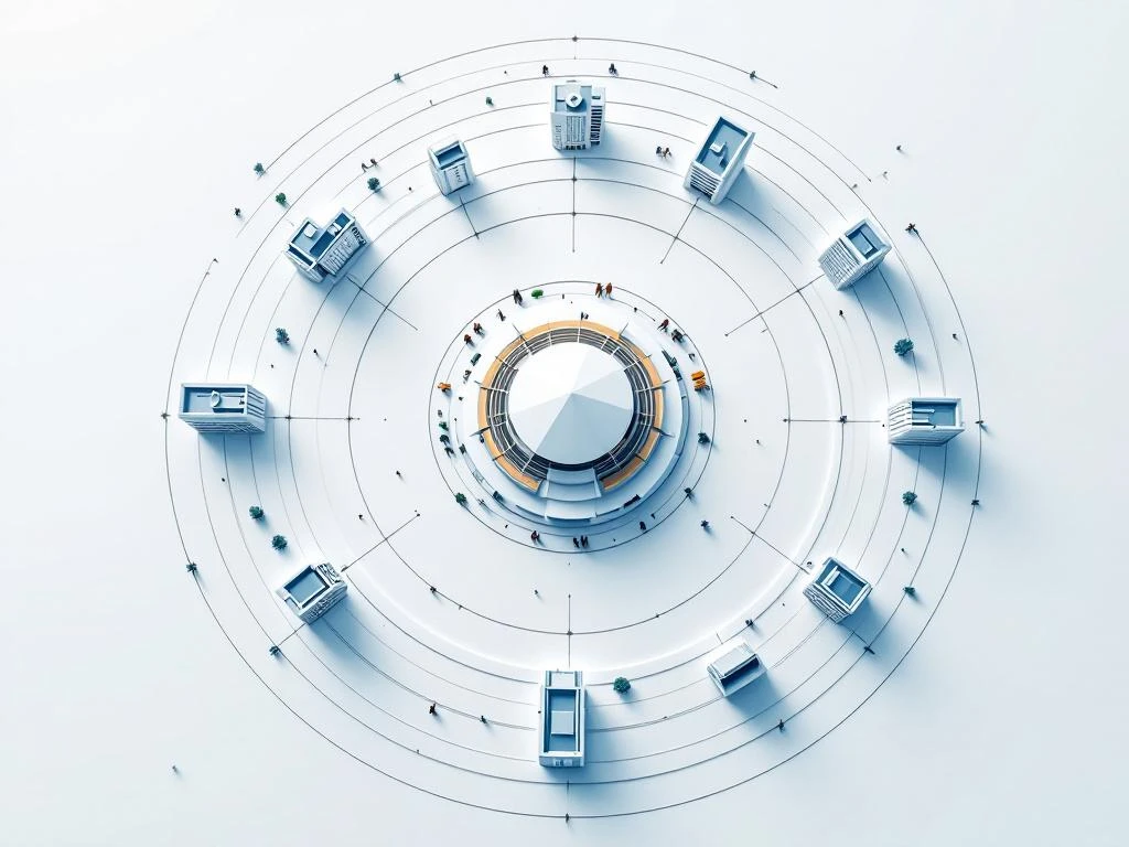 Aerial view of modern event venue surrounded by concentric circles of hotels at varying distances with geometric connecting lines.