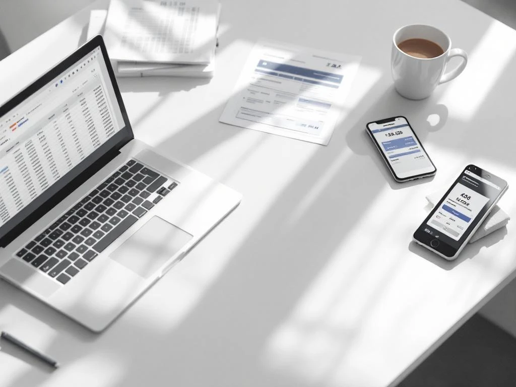 Laptop displaying financial spreadsheet with calculator, hotel booking documents, and smartphone on minimalist white desk