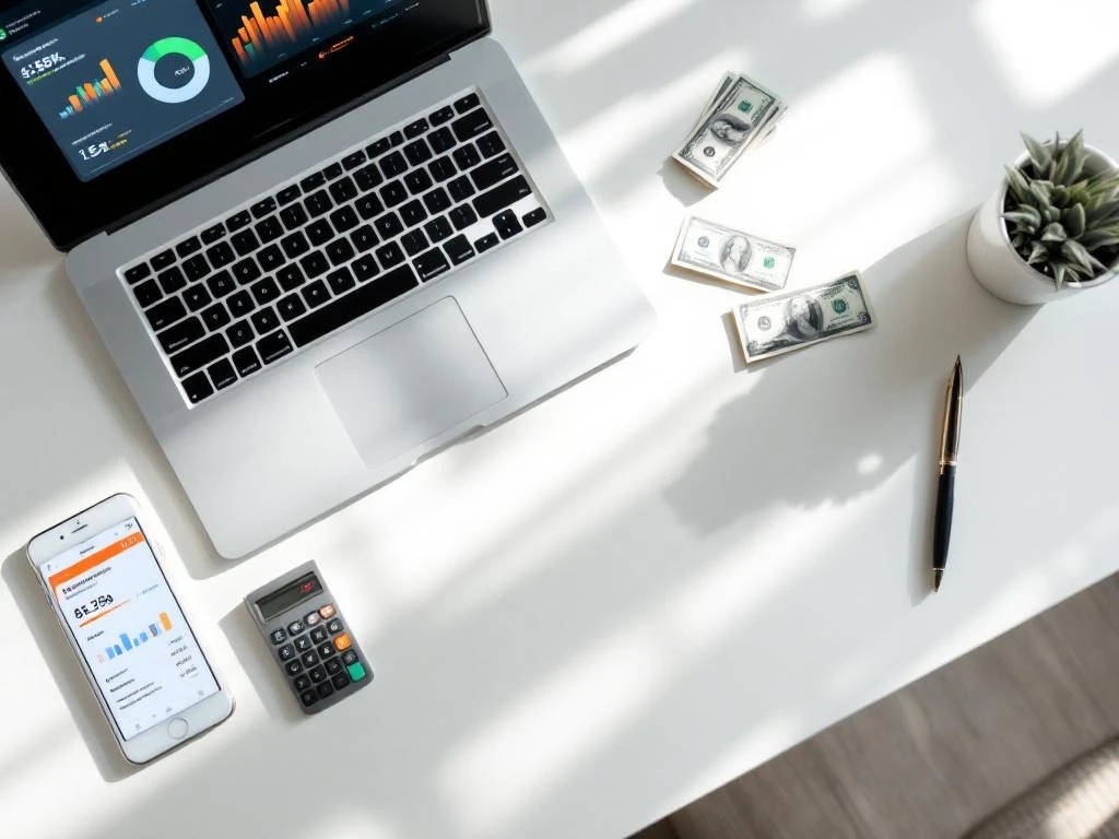 Laptop displaying financial charts on white desk with smartphone, dollar bills, hotel key cards, calculator and pen