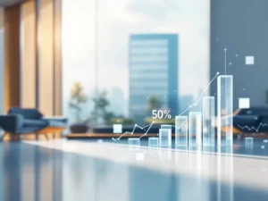 Modern hotel building with floating booking statistics data visualization elements in professional blue and gray tones.