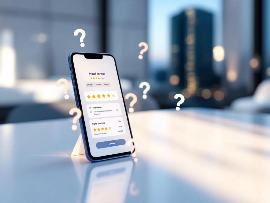 Smartphone showing hotel booking app with star ratings on white desk, floating question marks suggesting review uncertainty
