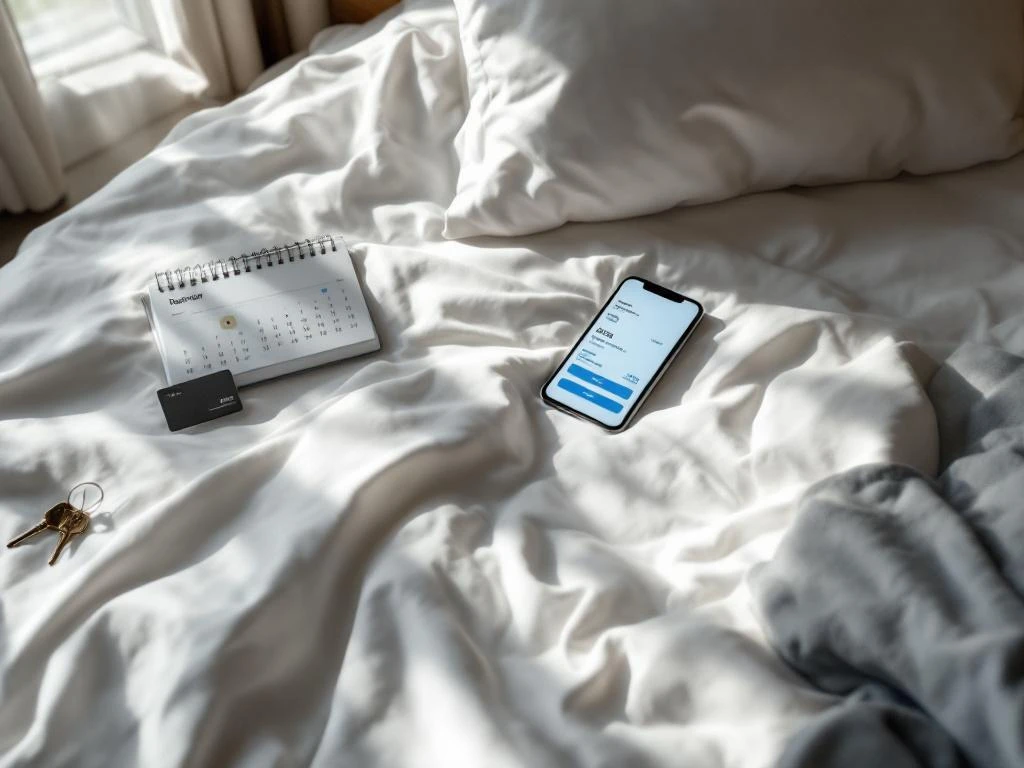 Smartphone displaying hotel booking confirmation on white bedsheets with keycard and calendar in minimalist room setting